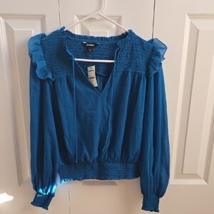 Express Cobalt Blue Smocked-Yoke Long Sleeve Blouse